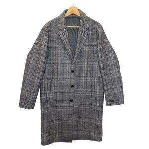 Men's Gray Plaid Wool-Blend Overcoat Size M Mid-Length Business